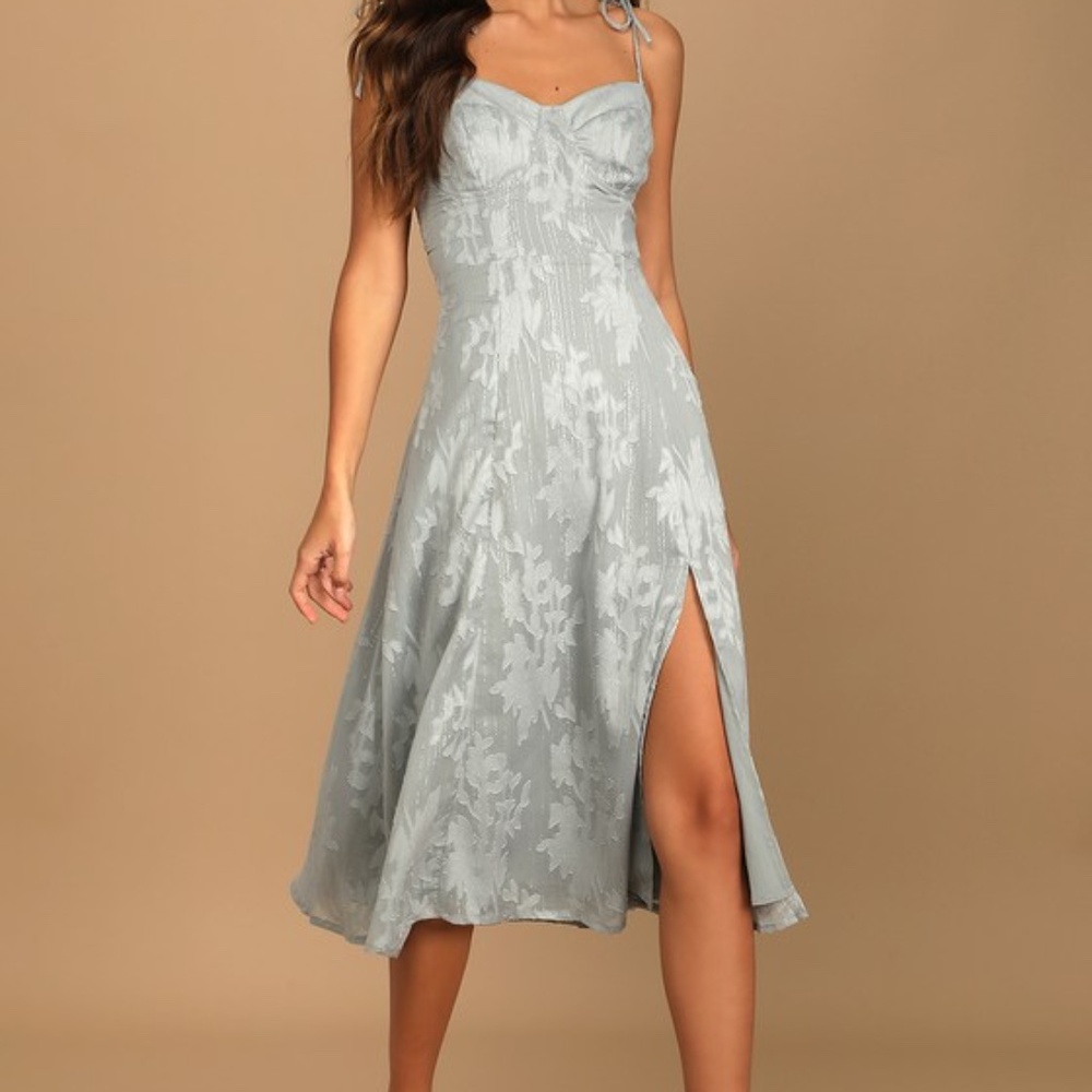 Lulus Loveliest Looks Dusty Blue Floral Jacquard Tie-strap Midi Dress - Size L